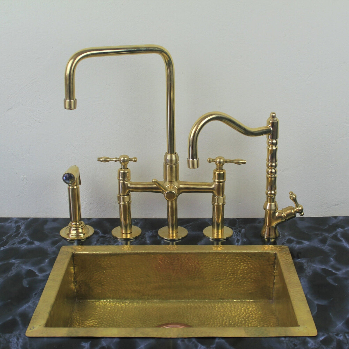 Unlacquered Brass L-Shaped Bridge Faucet with Sprayer and Classic Cold Water Feature