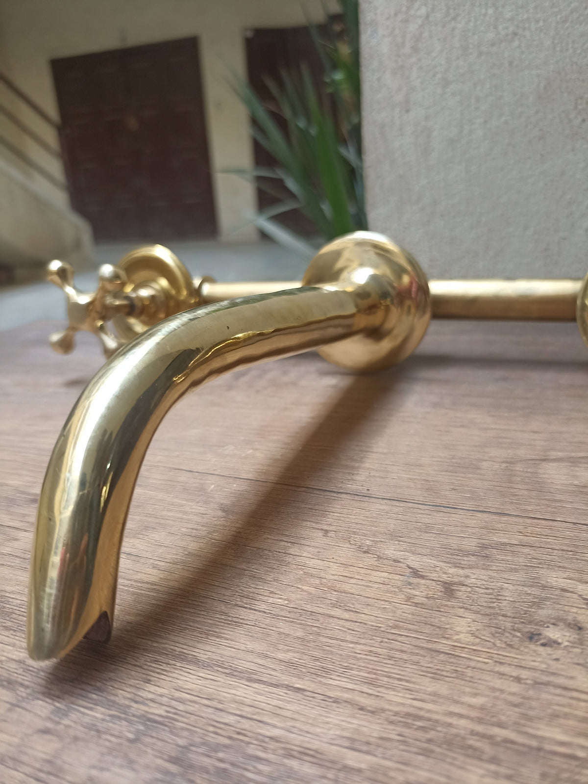 Vintage Unlacquered Brass Cross Handle Wall Mounted Vessel Faucet - Bathroom Sink Faucet - Rustic Bathroom Fixture - Antique Style Water Tap
