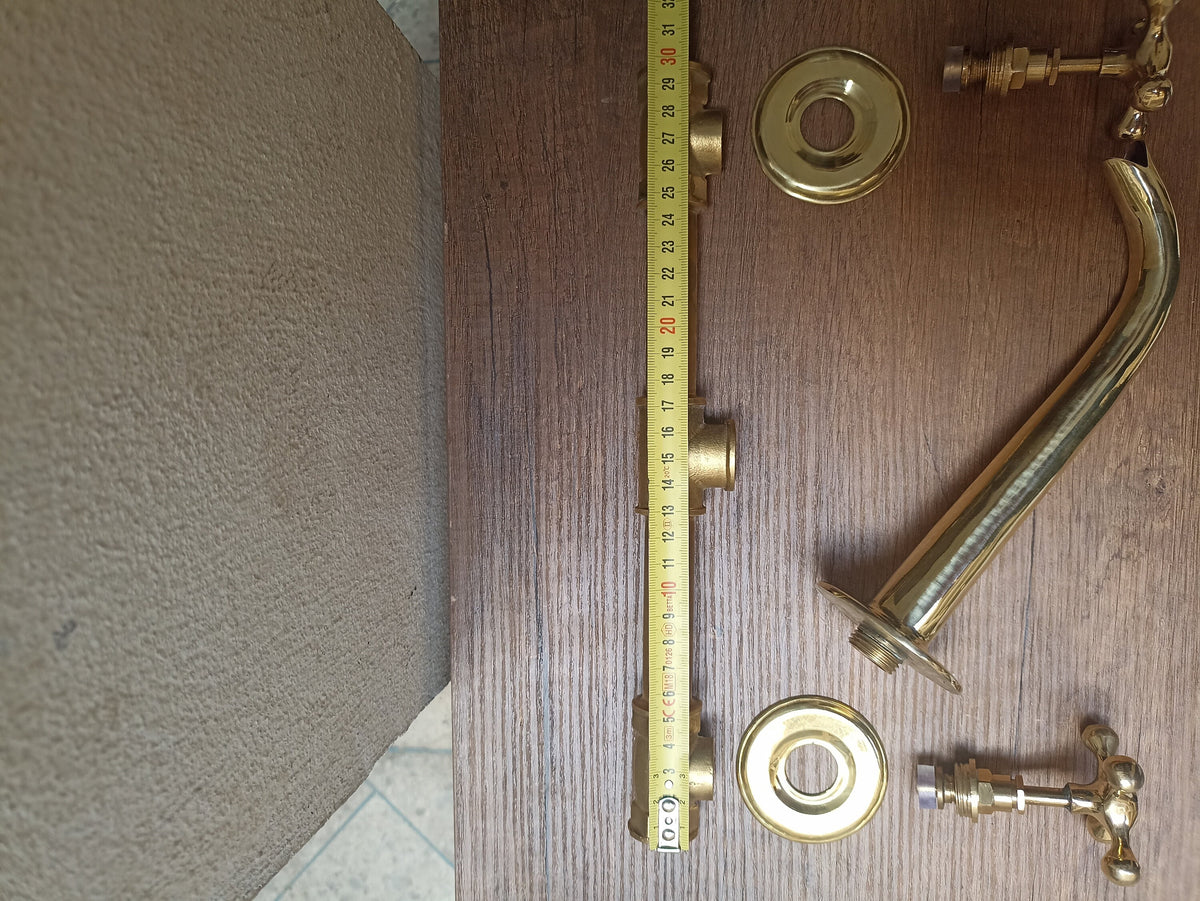 Vintage Unlacquered Brass Cross Handle Wall Mounted Vessel Faucet - Bathroom Sink Faucet - Rustic Bathroom Fixture - Antique Style Water Tap