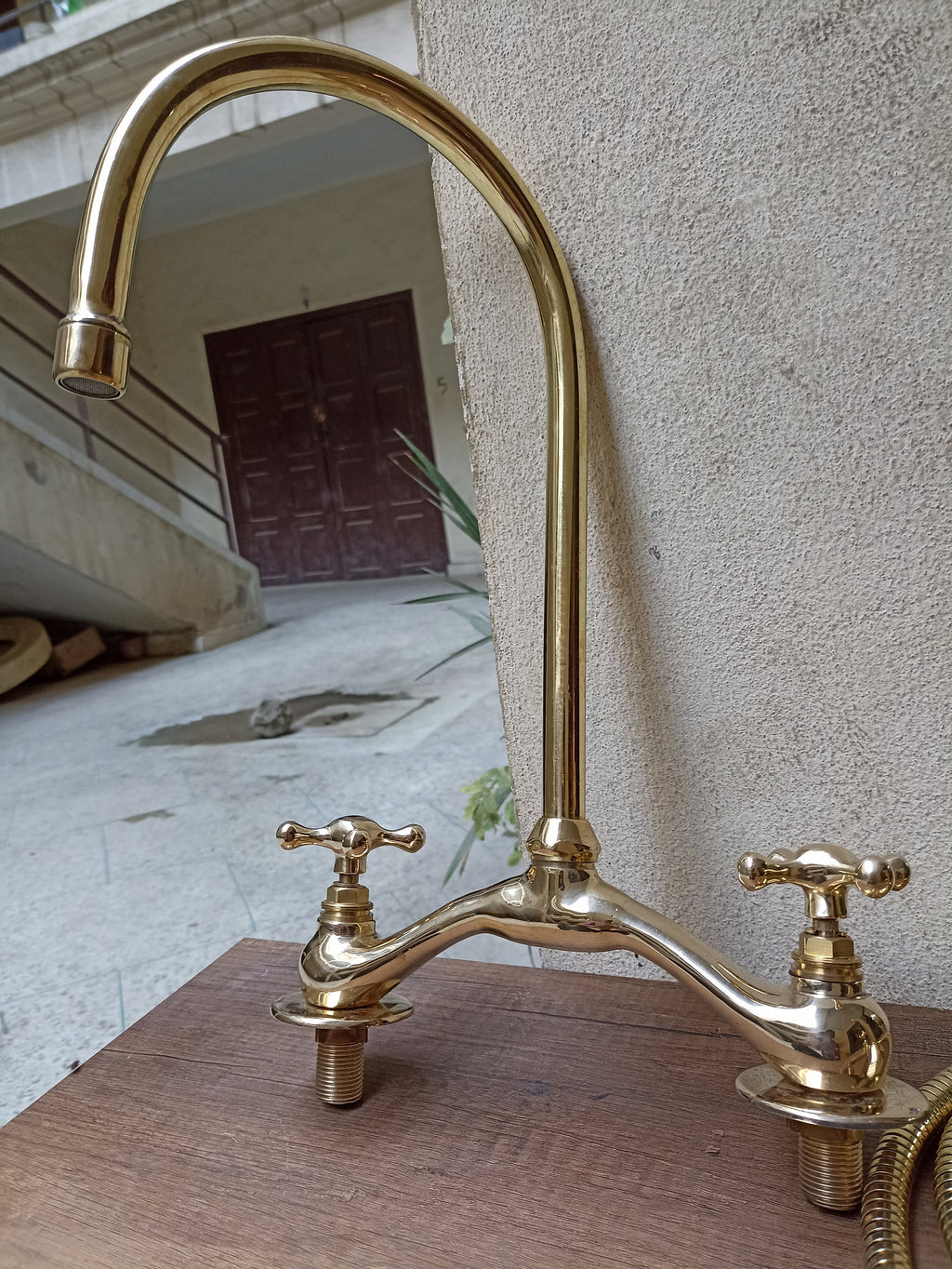 Unlacquered Brass Engraved V-Bridge Kitchen Faucet with Side Spray - Timeless 2-Handle Elegance for Your Kitchen