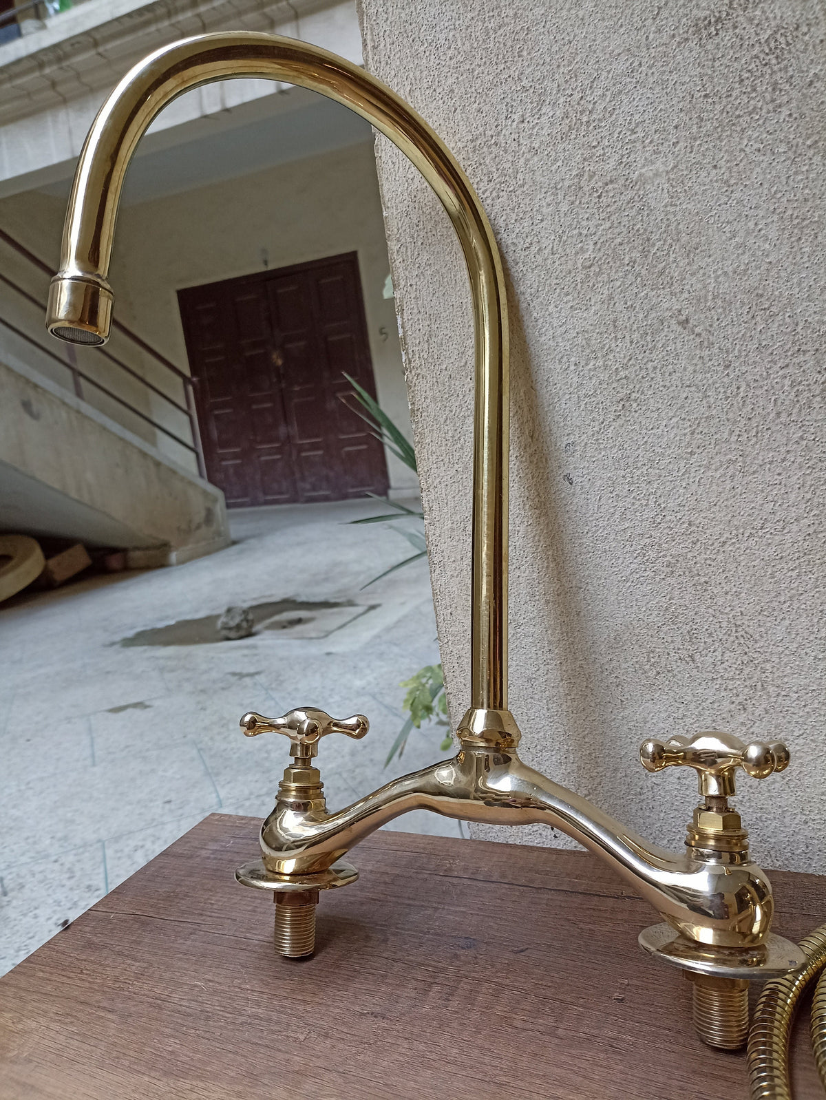 Unlacquered Brass Engraved V-Bridge Kitchen Faucet with Side Spray - Timeless 2-Handle Elegance for Your Kitchen