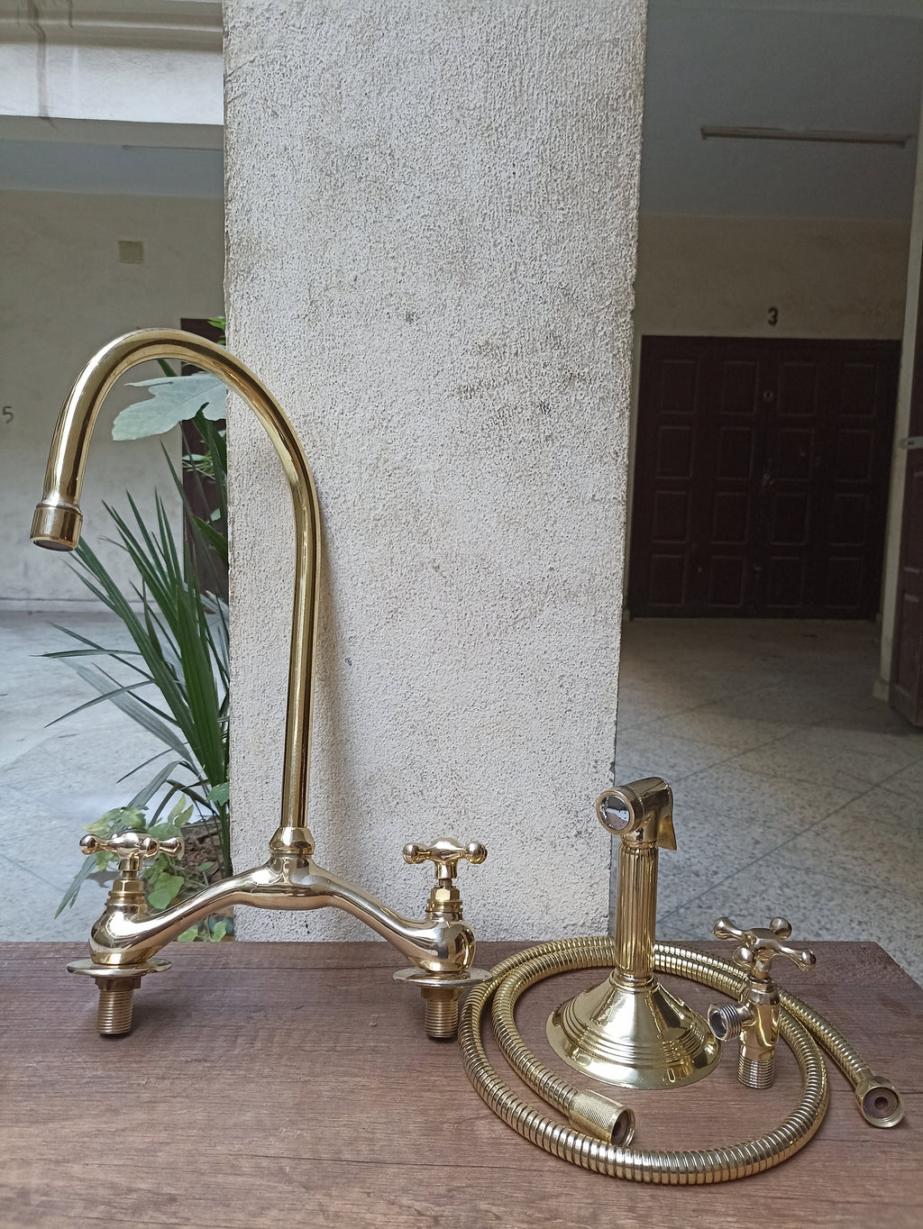 Unlacquered Brass Engraved V-Bridge Kitchen Faucet with Side Spray