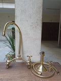 Unlacquered Brass Engraved V-Bridge Kitchen Faucet with Side Spray