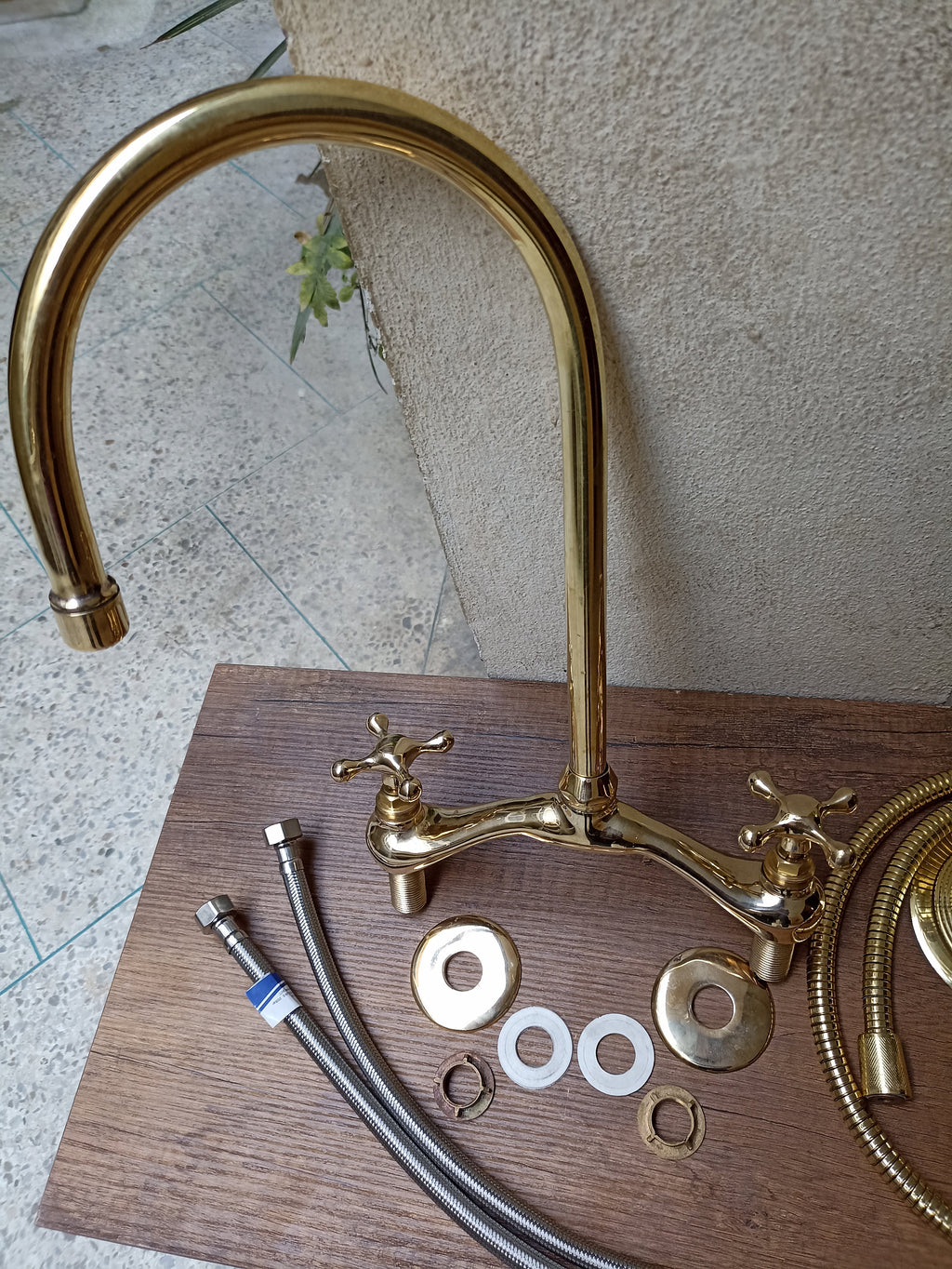 Unlacquered Brass Engraved V-Bridge Kitchen Faucet with Side Spray - Timeless 2-Handle Elegance for Your Kitchen