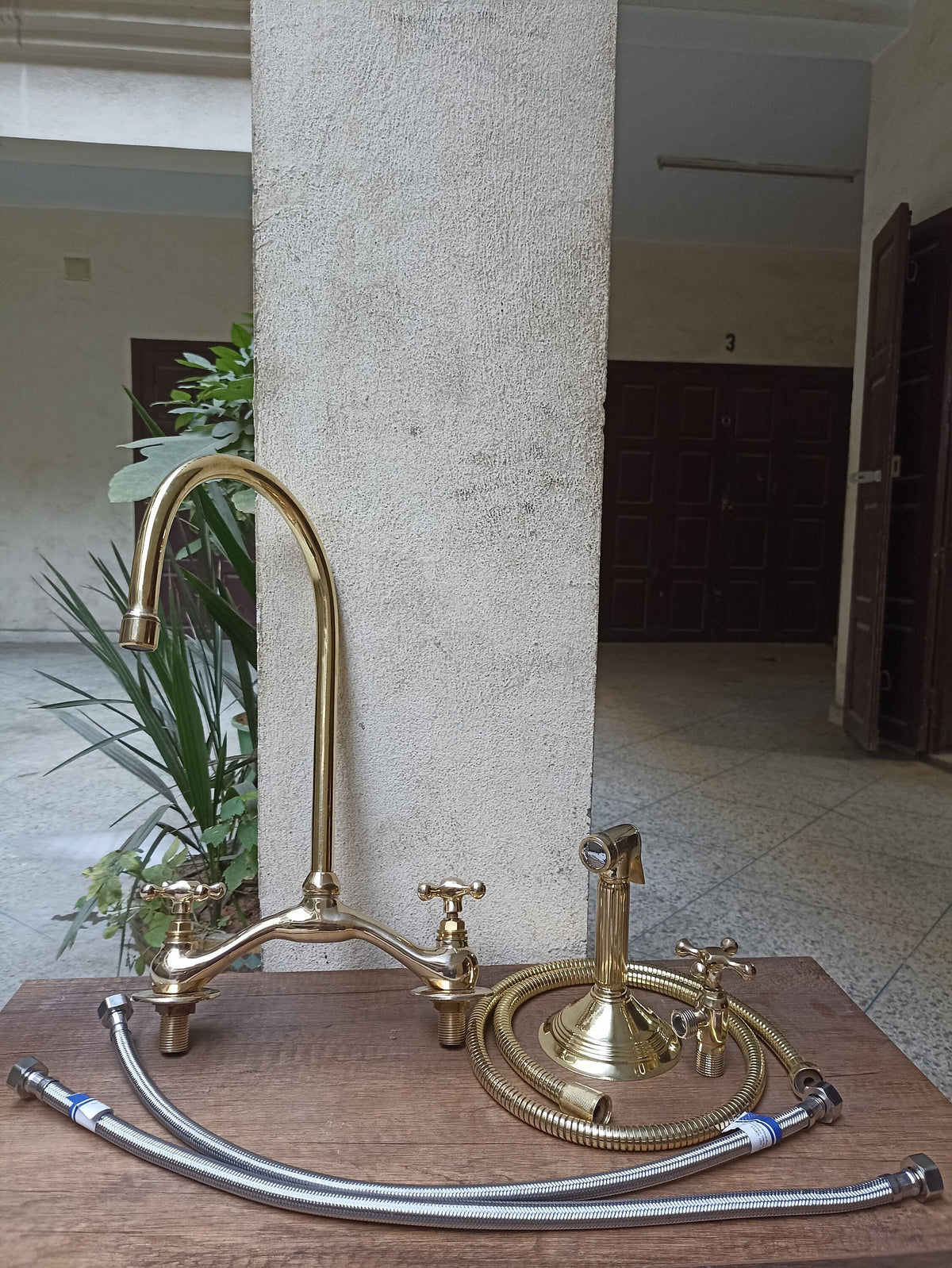 Unlacquered Brass Engraved V-Bridge Kitchen Faucet with Side Spray - Timeless 2-Handle Elegance for Your Kitchen