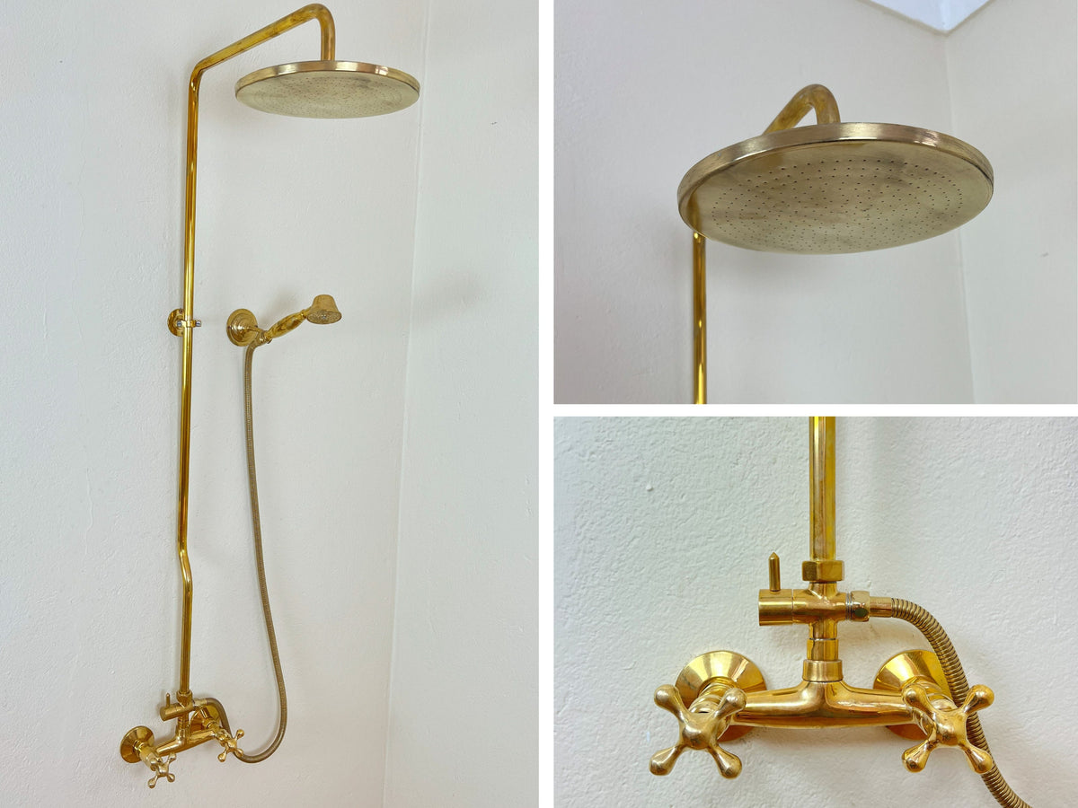 Unlacquered Brass Rainfall Shower System - Elevate Your Daily Ritual,Solid Brass Exposed shower Head with Handheld