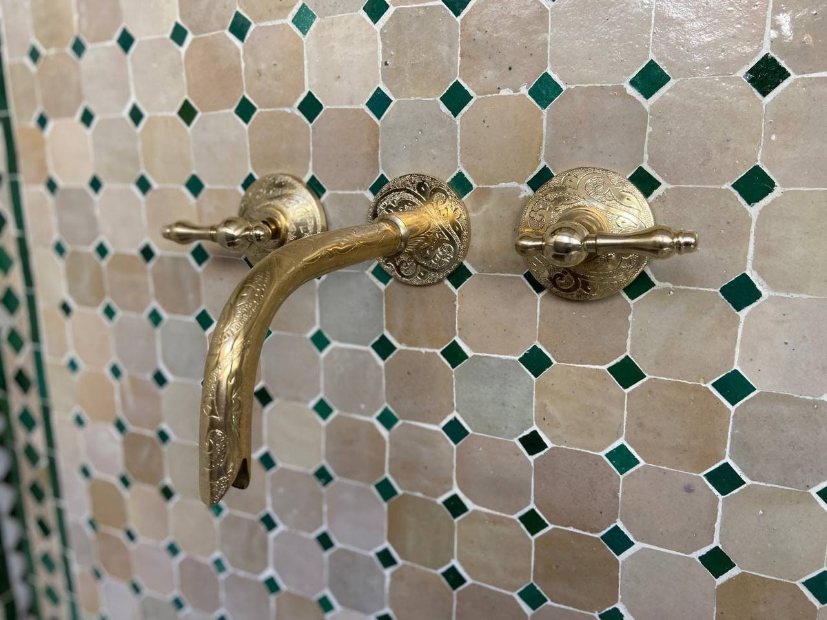 Engraved Brass Wall Mounted Faucet - Solid Brass Bathroom Faucet