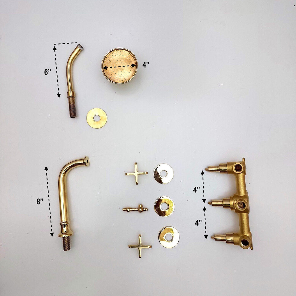 Unlacquered Brass Shower System with Tub Filler and Round Shower Head