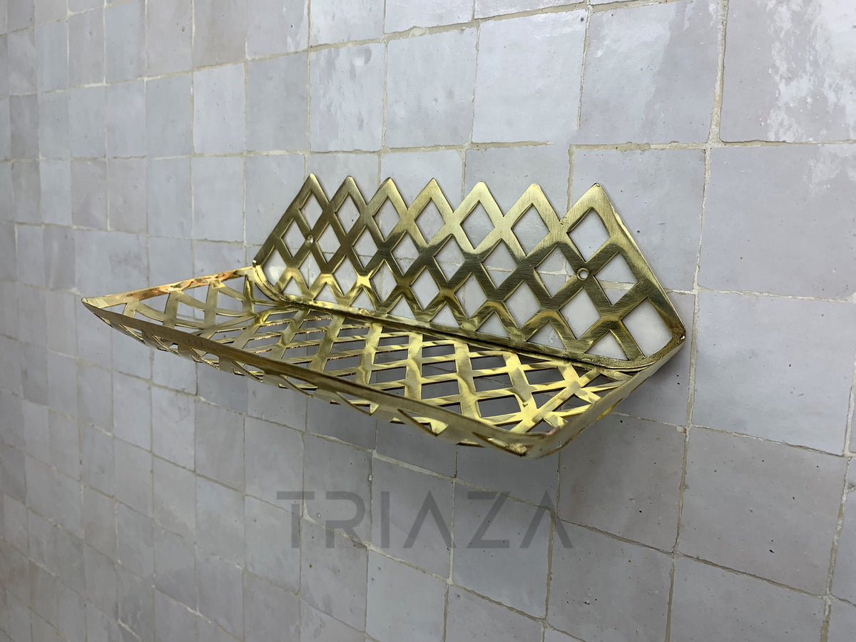 Unlacquered Brass Bathroom Shelf, Basket Design, Soap Holder