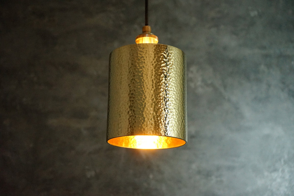Kitchen Brass Pendant Light, Hammered Brass Cylindric Pendant Light, Ceiling Light Lampshade