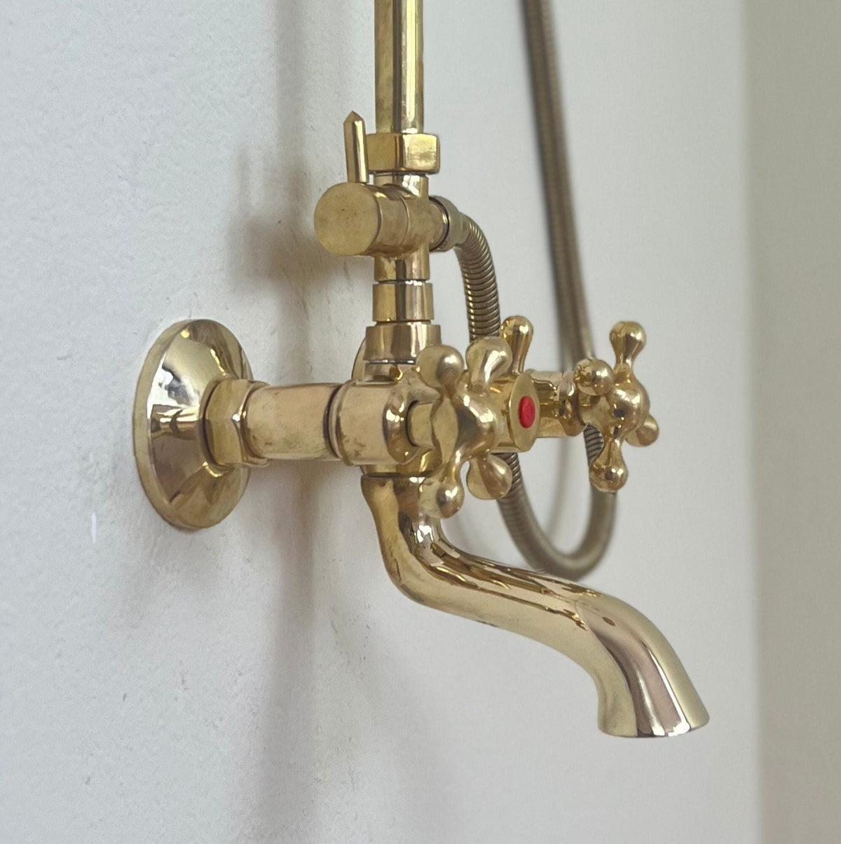 3-in-1 Shower Combo with Handheld, Rain Shower, and Tub Filler, Unlacquered Brass
