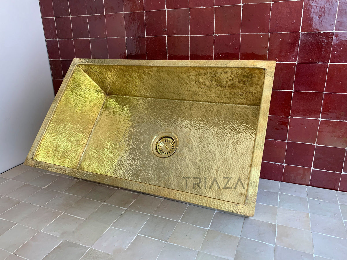 Handmade Unlacquered Solid Brass Kitchen Sink, Square Basin