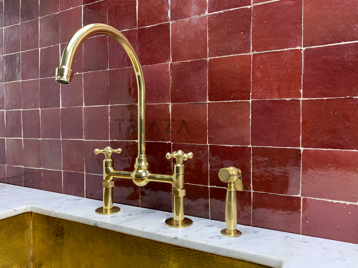 Unlacquered Brass Kitchen Faucet, Double Handle with side sprayer