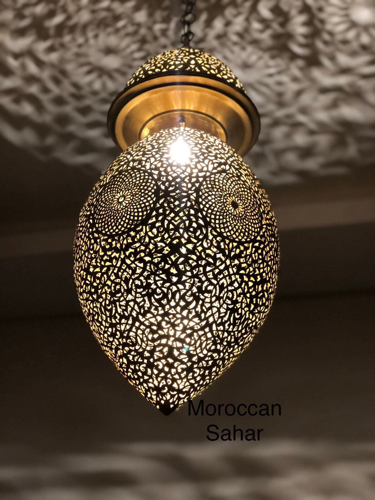 Large Moroccan Brass Chandelier: Handmade Engraved Pendant Lantern