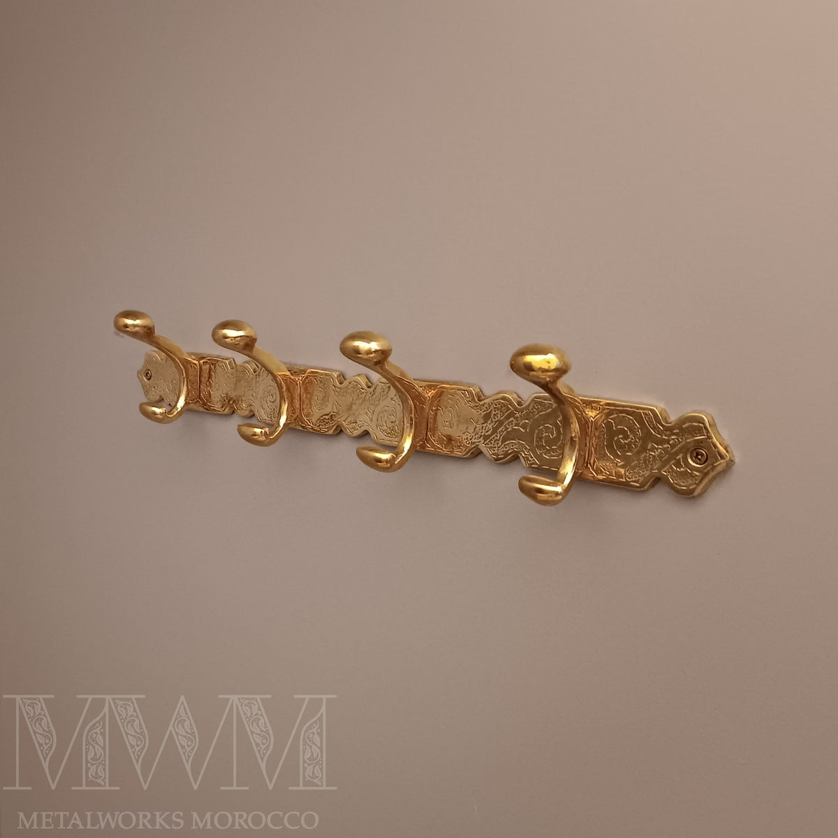 Engraved Brass Solid Coat Hanger With Three Or Four Hooks - Clothes Hooks Wall Mount - 100% Moroccan