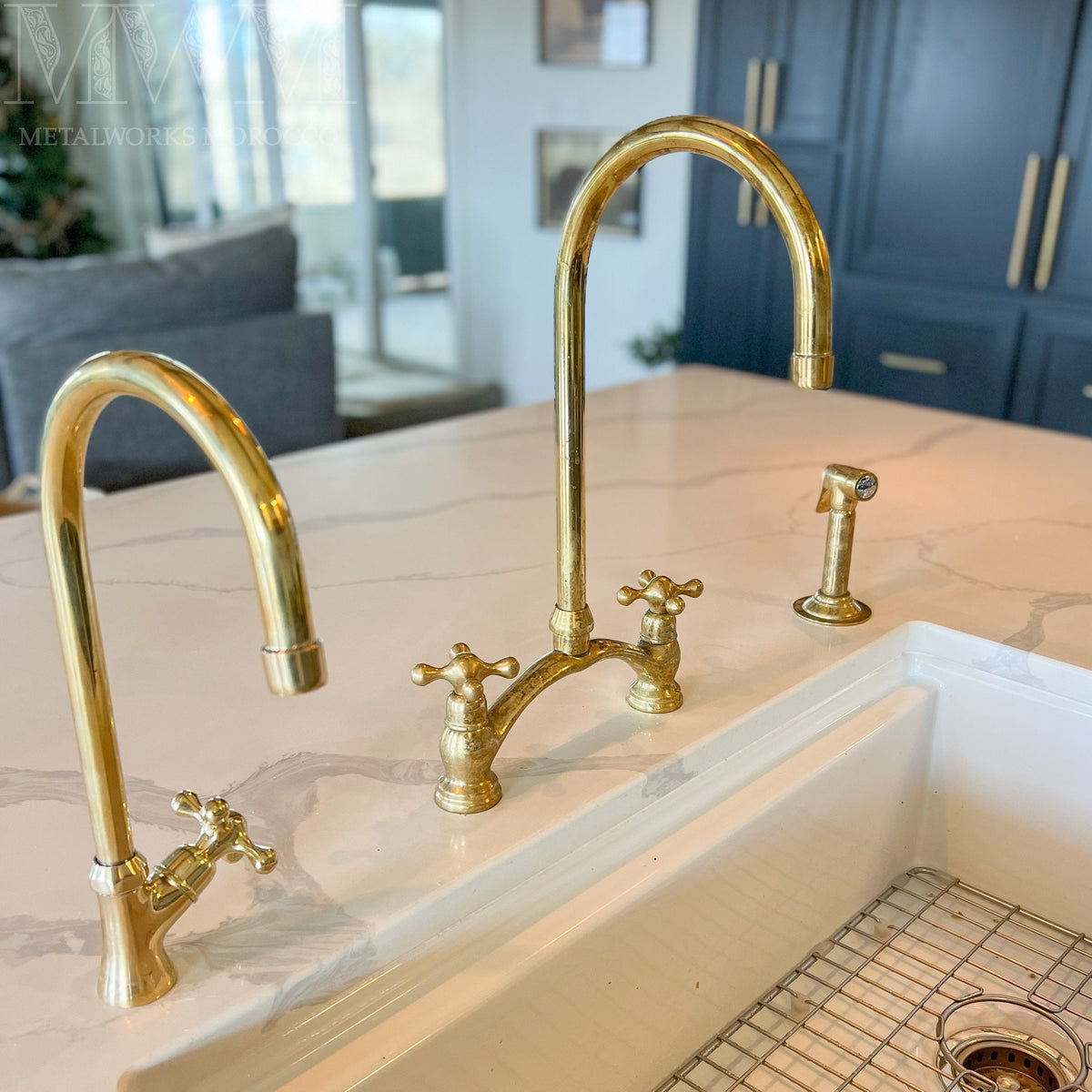 Classic U Brass Bridge Faucet With Or Without Side Sprayer - Unlacquered Brass Sink Faucet