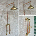 Exposed Copper Pipe Shower System with Brass Rain Head, Wall Mounted Bathroom Mixer, Dual Cross Handle Brass and Copper 