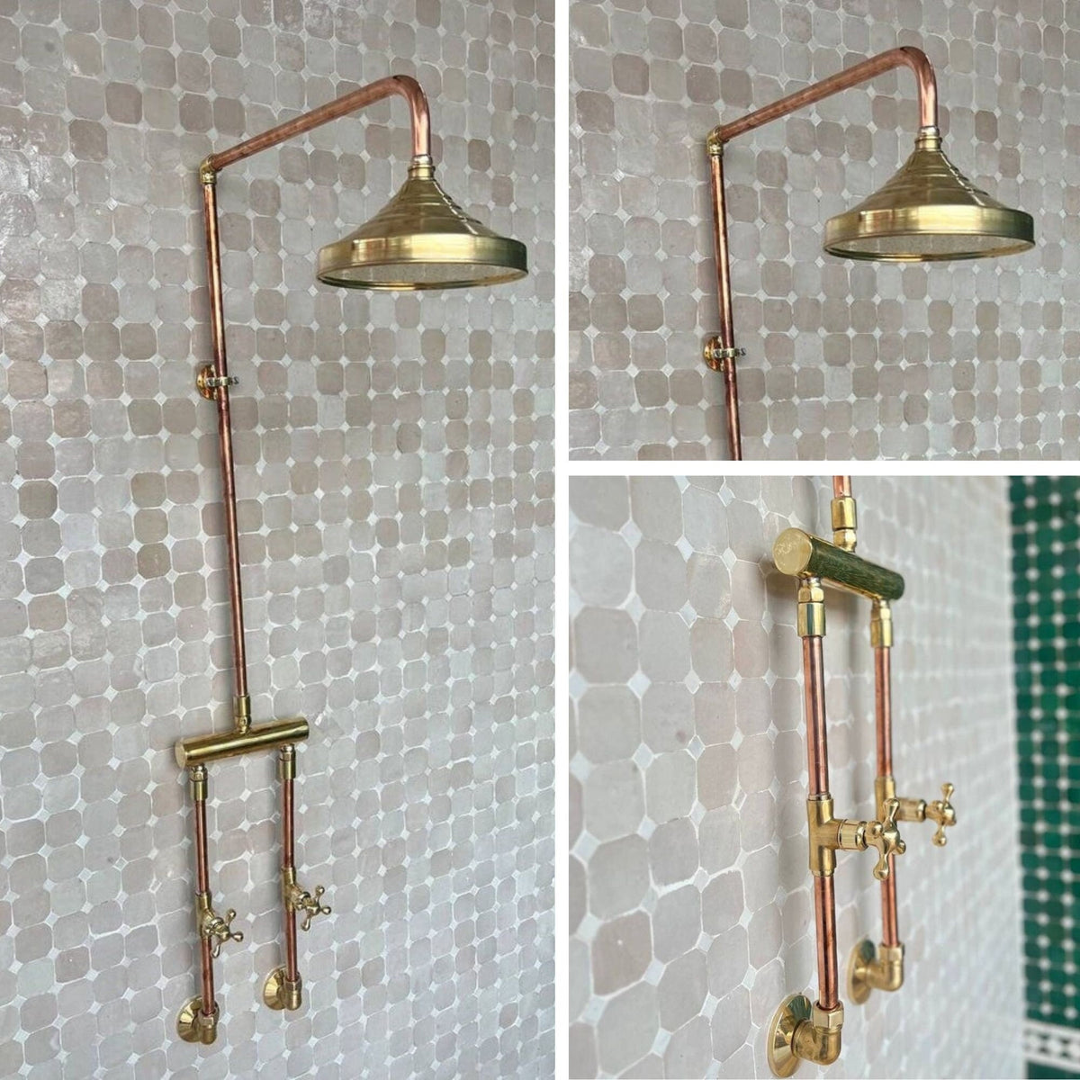 Exposed Copper Pipe Shower System with Brass Rain Head, Wall Mounted Bathroom Mixer, Dual Cross Handle Brass and Copper 
