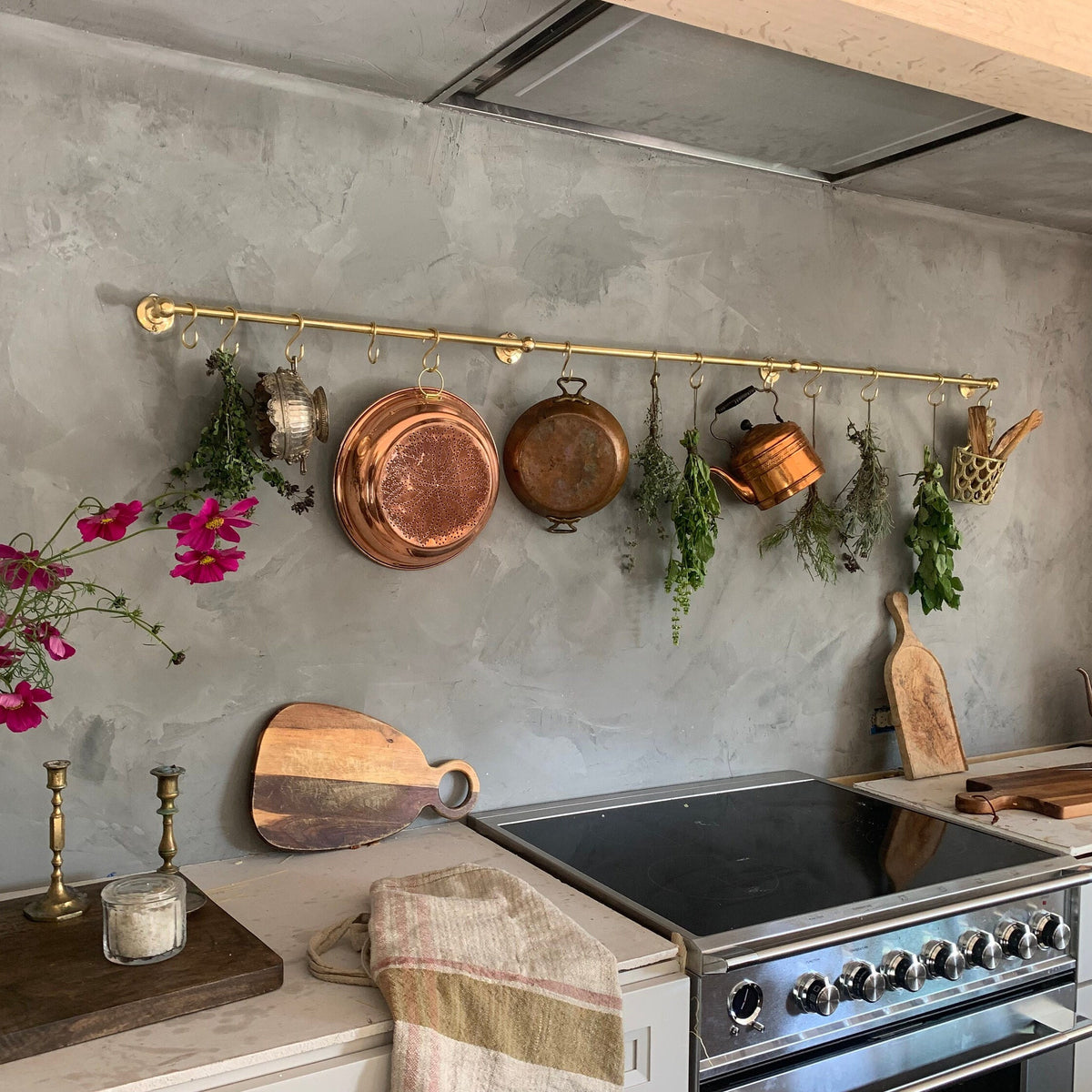 Unlacquered Brass Pot Rail – Solid Brass Kitchen Rack with S Hooks