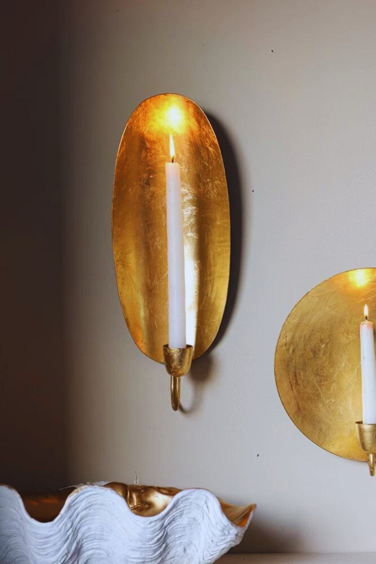 Moroccan Brass Wall Sconce: Gold Leaf Candlestick Holder