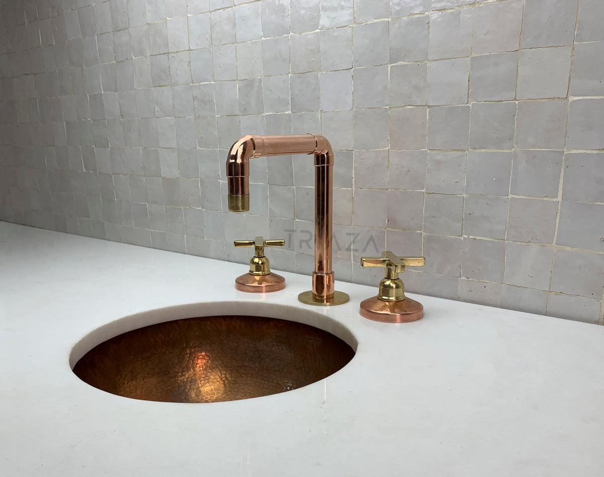 Unlacquered Copper Bathroom Faucet, Antique Vanity, Deck Mount, 3-Hole Tap