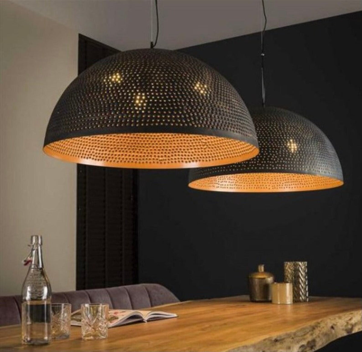 Handcrafted Black and Gold Moroccan Pendant Light: Hammered Brass Dome