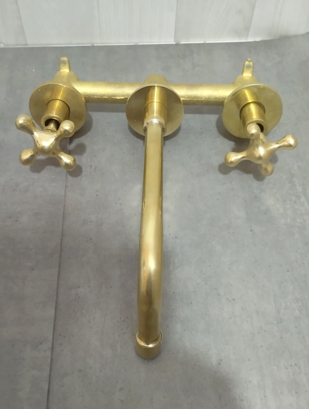 Unlacquered Brass Wall Mounted Bathroom Vessel Sink Faucet With Cross Handles Tap
