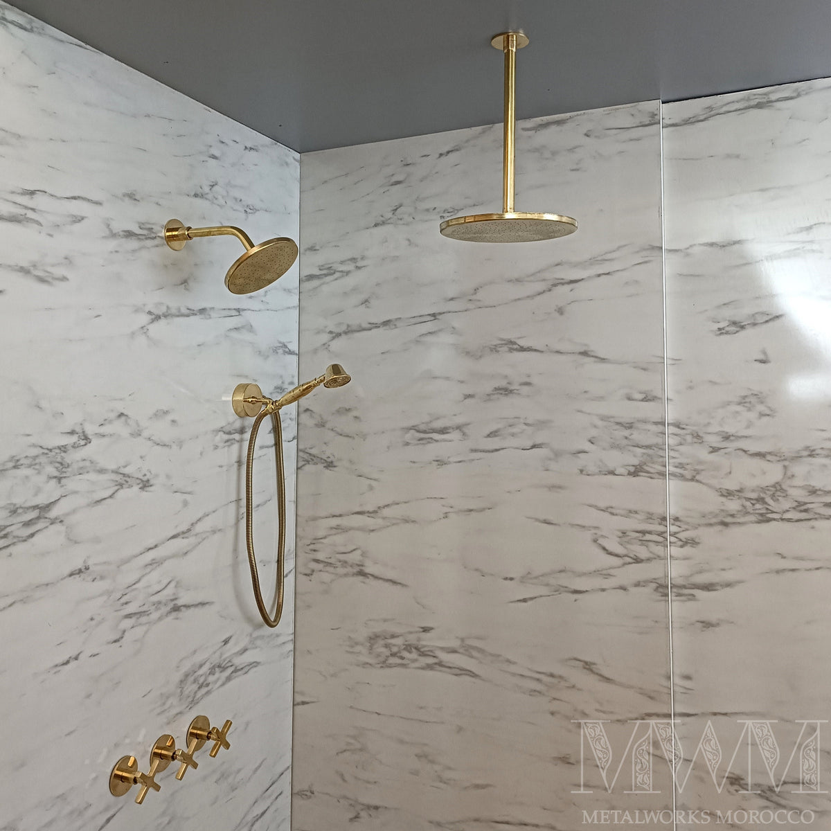 Brass Shower System With Wall Mounted And Ceiling Rain Shower Head