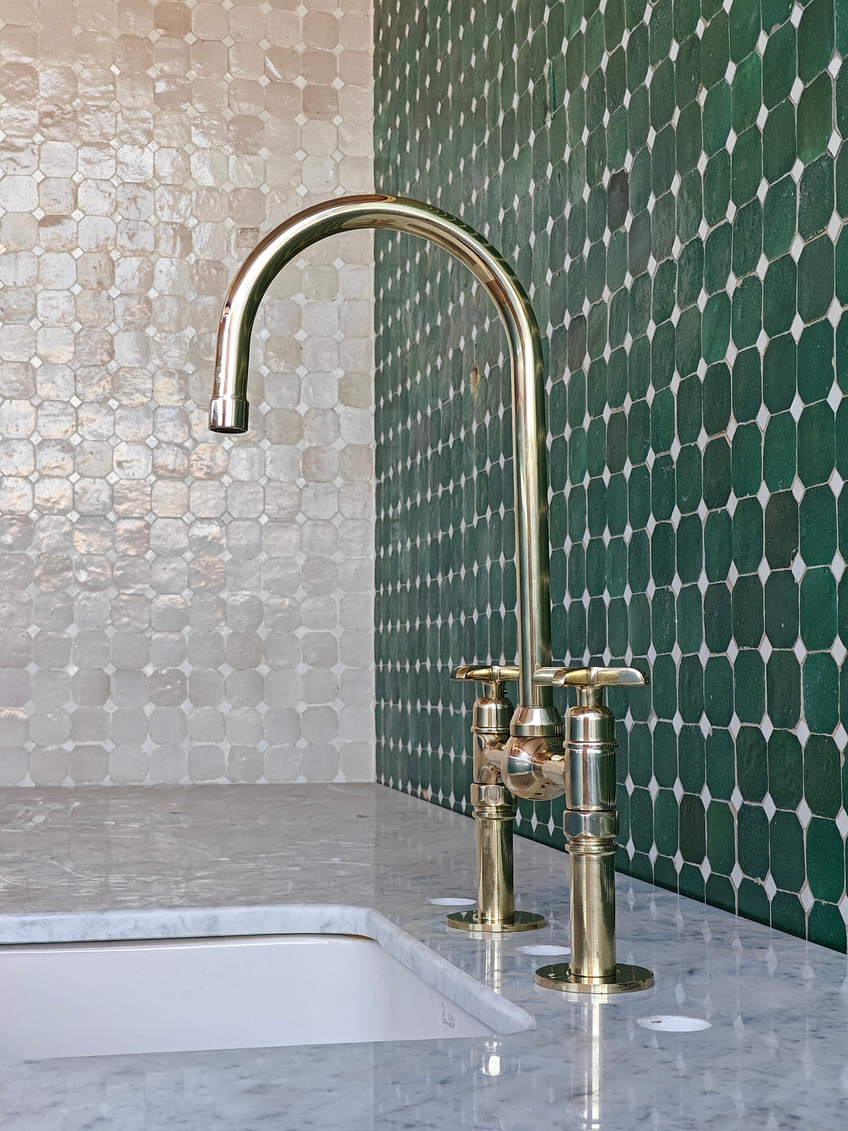 Unlacquered Brass Bridge Kitchen Faucet: Farmhouse Vintage Style