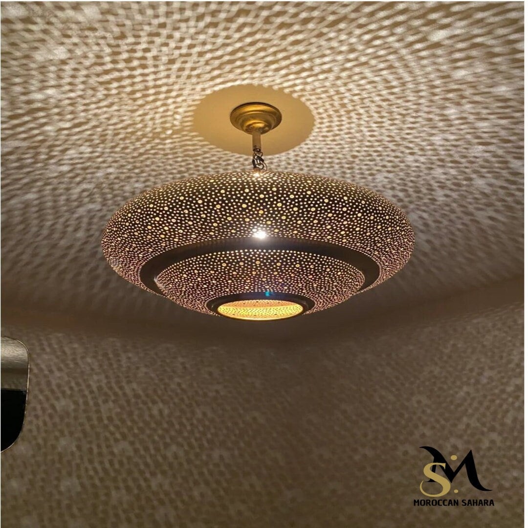 Moroccan Brass Pendant Light: Handmade Engraved Copper Ceiling Lamp