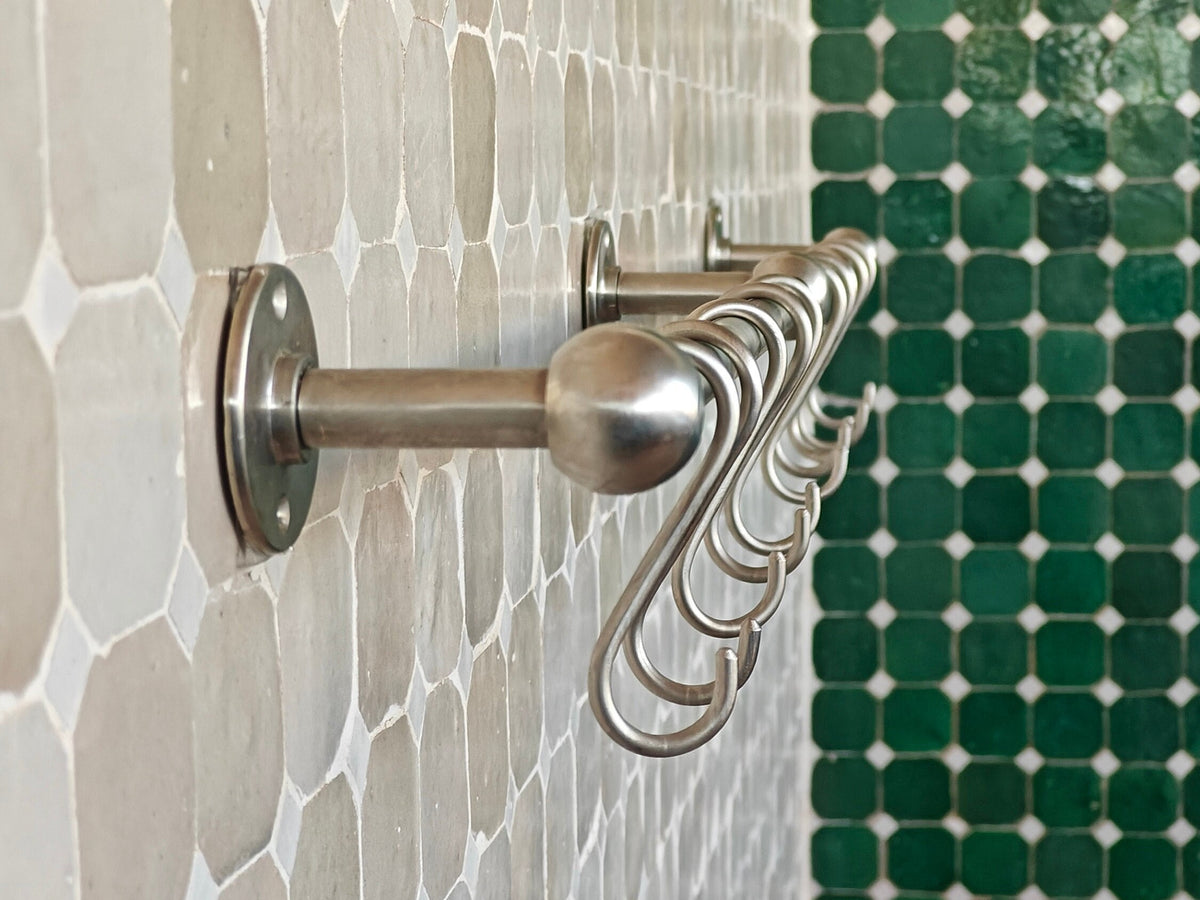 Handmade Matte Nickel Pot Rail: Solid Brass Utensil Bar with S Hooks