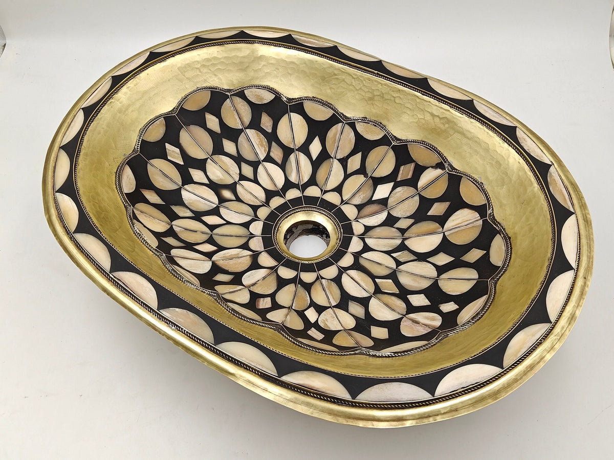 Unlacquered Brass Sink, Moroccan Handmade Sink - Black Resin And Bone Conception, Vessel Sink For Bathroom