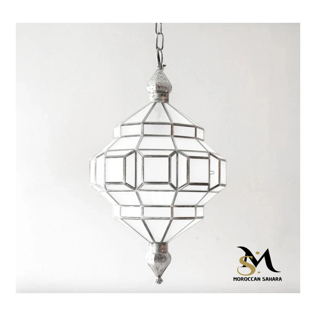 Handmade Brass Moroccan Pendant Light: Milky Glass Filigrain