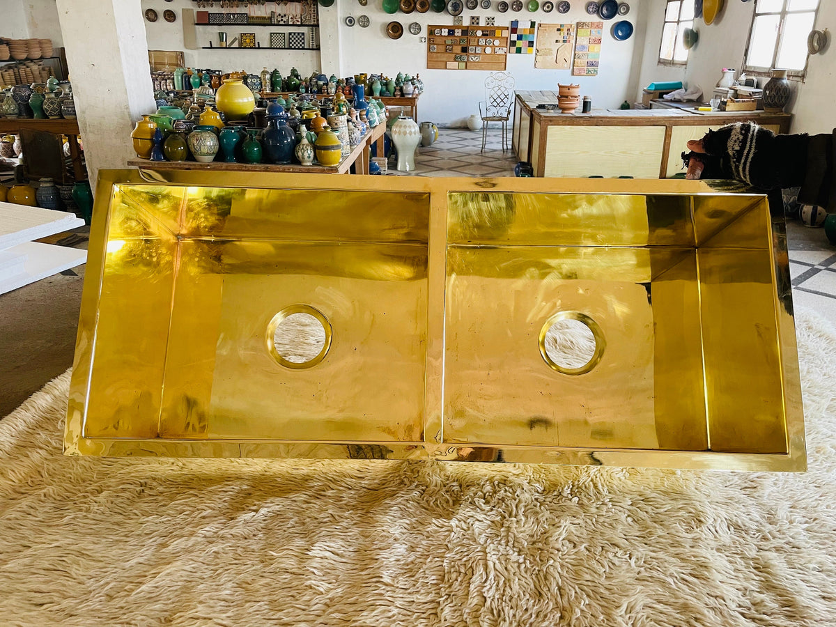 Handcrafted Double Brass Undermount Bar Sink Set - Off-Centered Drains - Polished Brass Finish - Kitchen Sink Pair for E