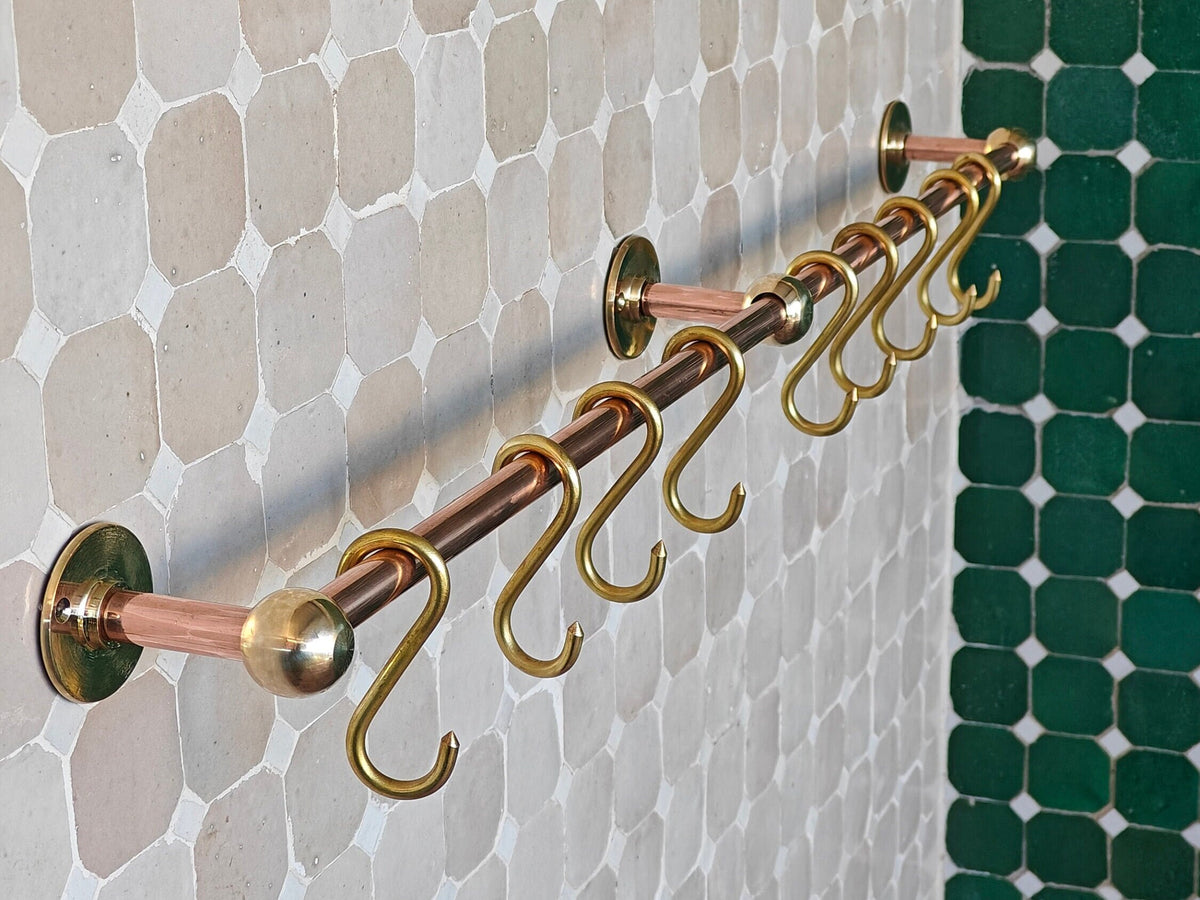 Unlacquered Copper Pot Rail with Brass S Hooks: Handmade Kitchen Hardware