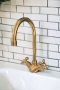 Unlacquered brass bathroom faucet, Single hole design, double handle faucet; vintage style