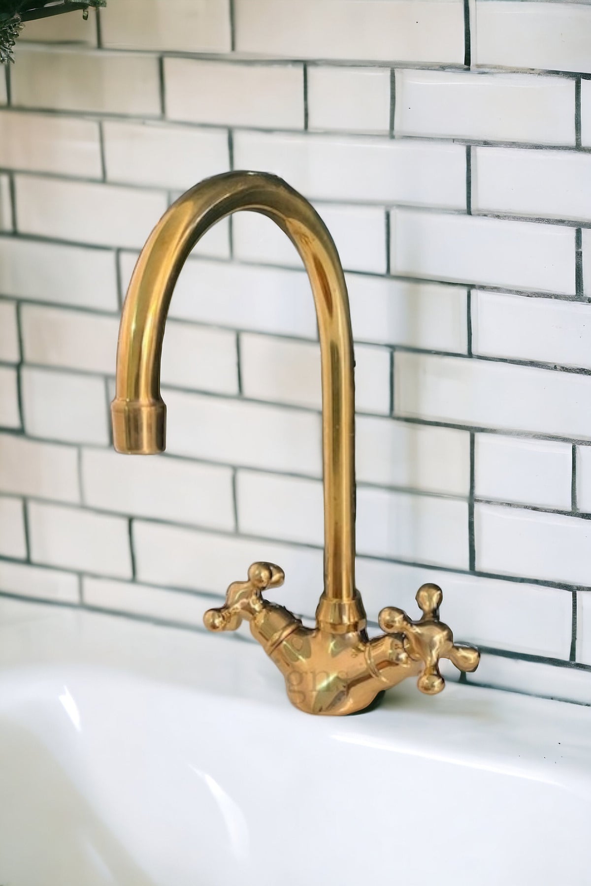 Unlacquered brass bathroom faucet, Single hole design, double handle faucet; vintage style