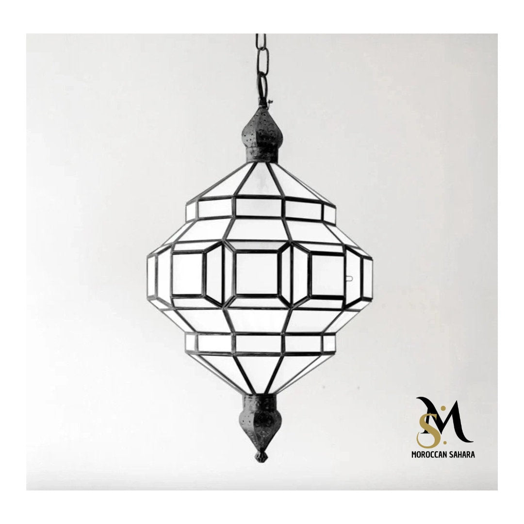Handmade Brass Moroccan Pendant Light: Milky Glass Filigree Suspension