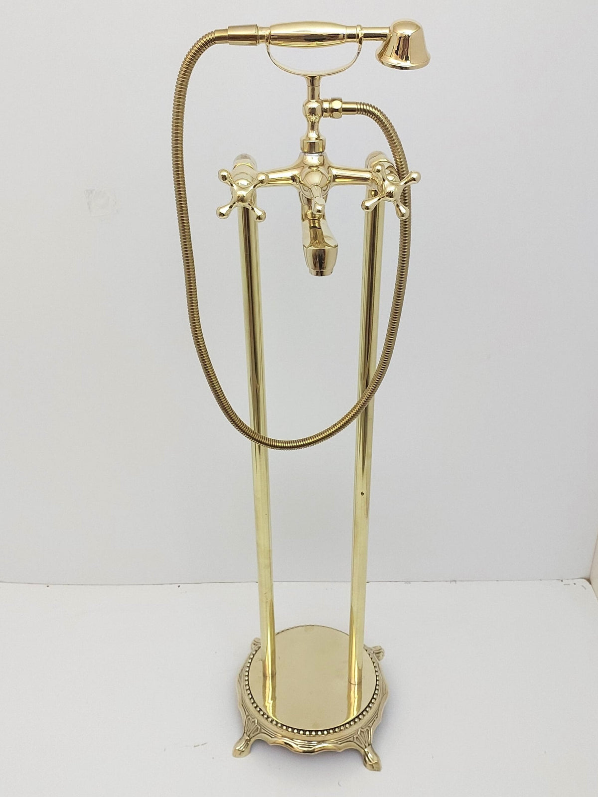 Unlacquered Brass Freestanding Tub Filler Faucet with Hand Shower