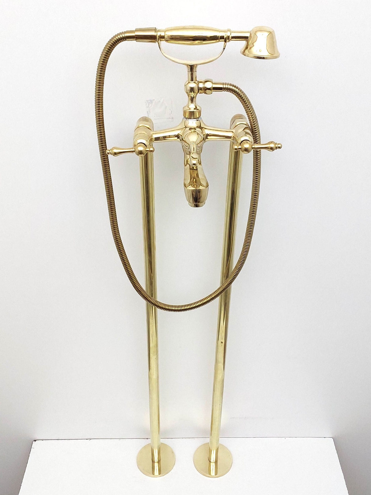 Unlacquered Brass Freestanding Tub Faucet with Hand Shower