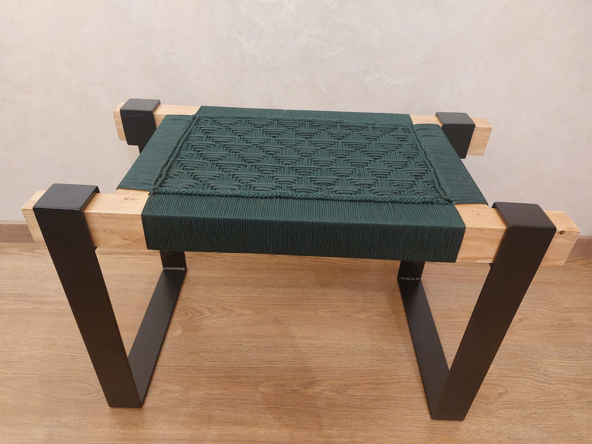 The woven wooden metal bench is a handmade piece that brings a Cozy and artistique touch to any entryway or living space