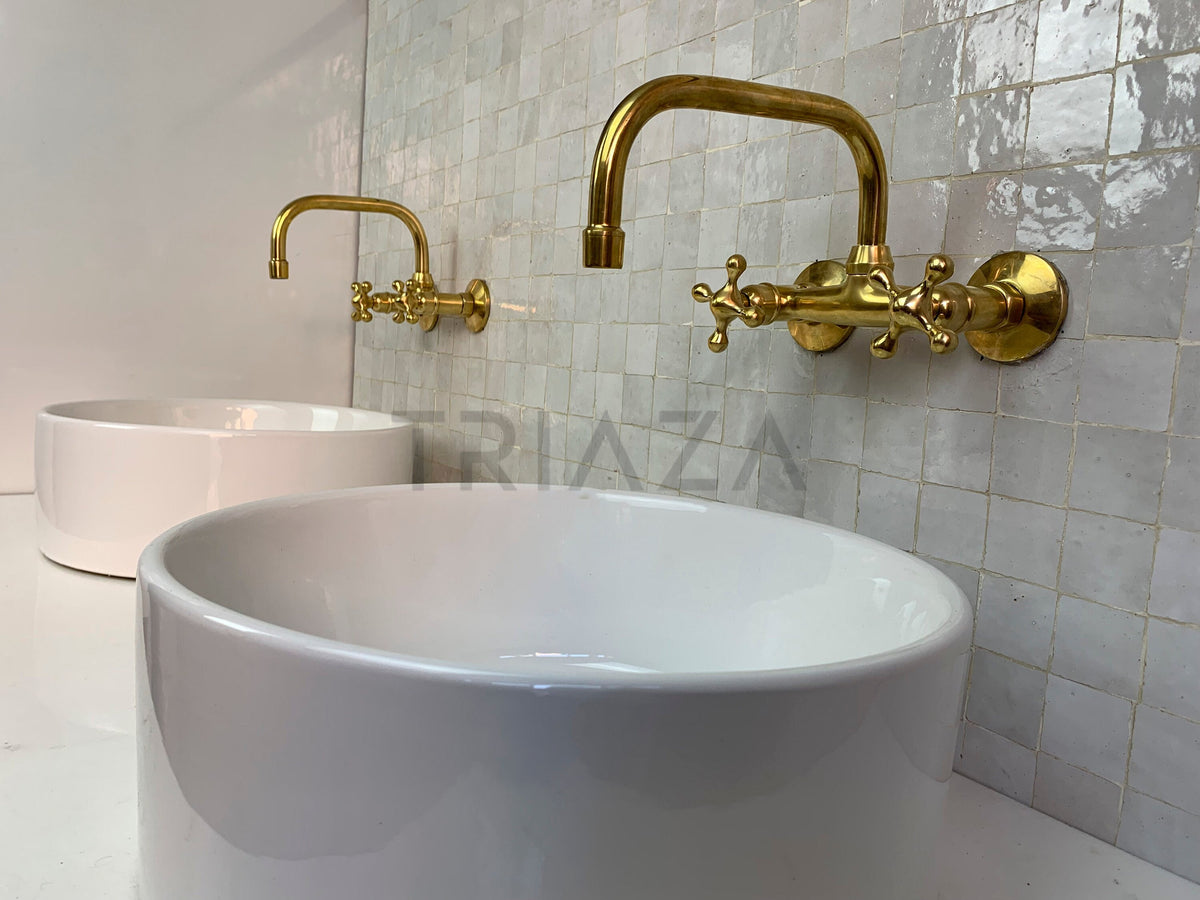 Unlacquered Solid Brass Bathroom Faucet, Wall Mount Vanity Faucet