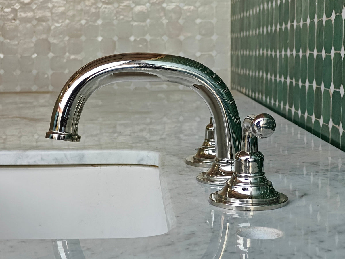 Polished Nickel Solid Brass Bathroom Faucet: 3-Hole Gooseneck Sink