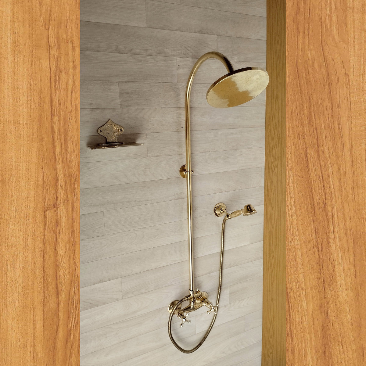 Unlacquered Brass Shower System: Handheld Sprayer, Round Head, Wall Mount