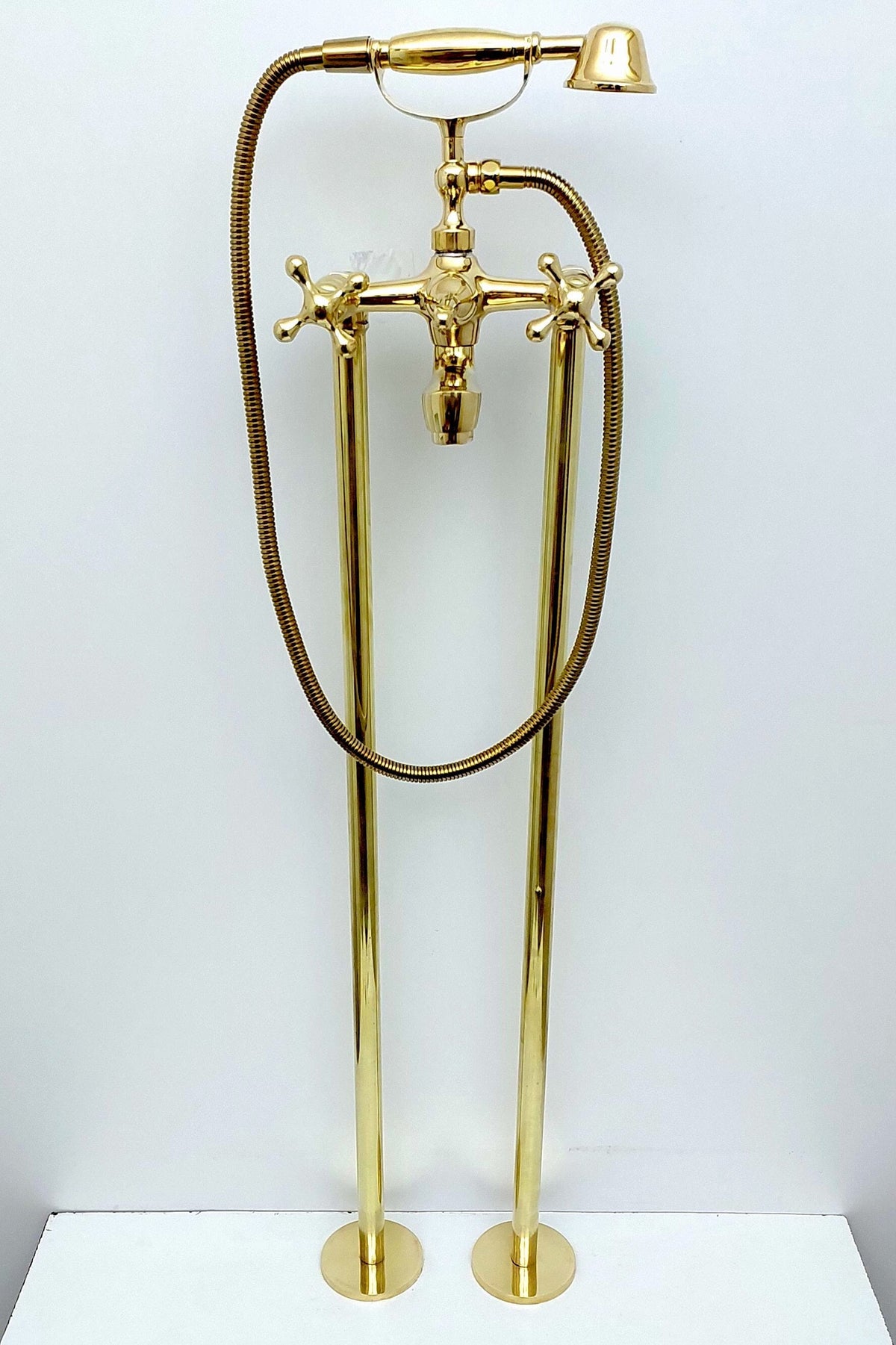 Unlacquered Brass Freestanding Tub Filler Faucet with Hand Shower