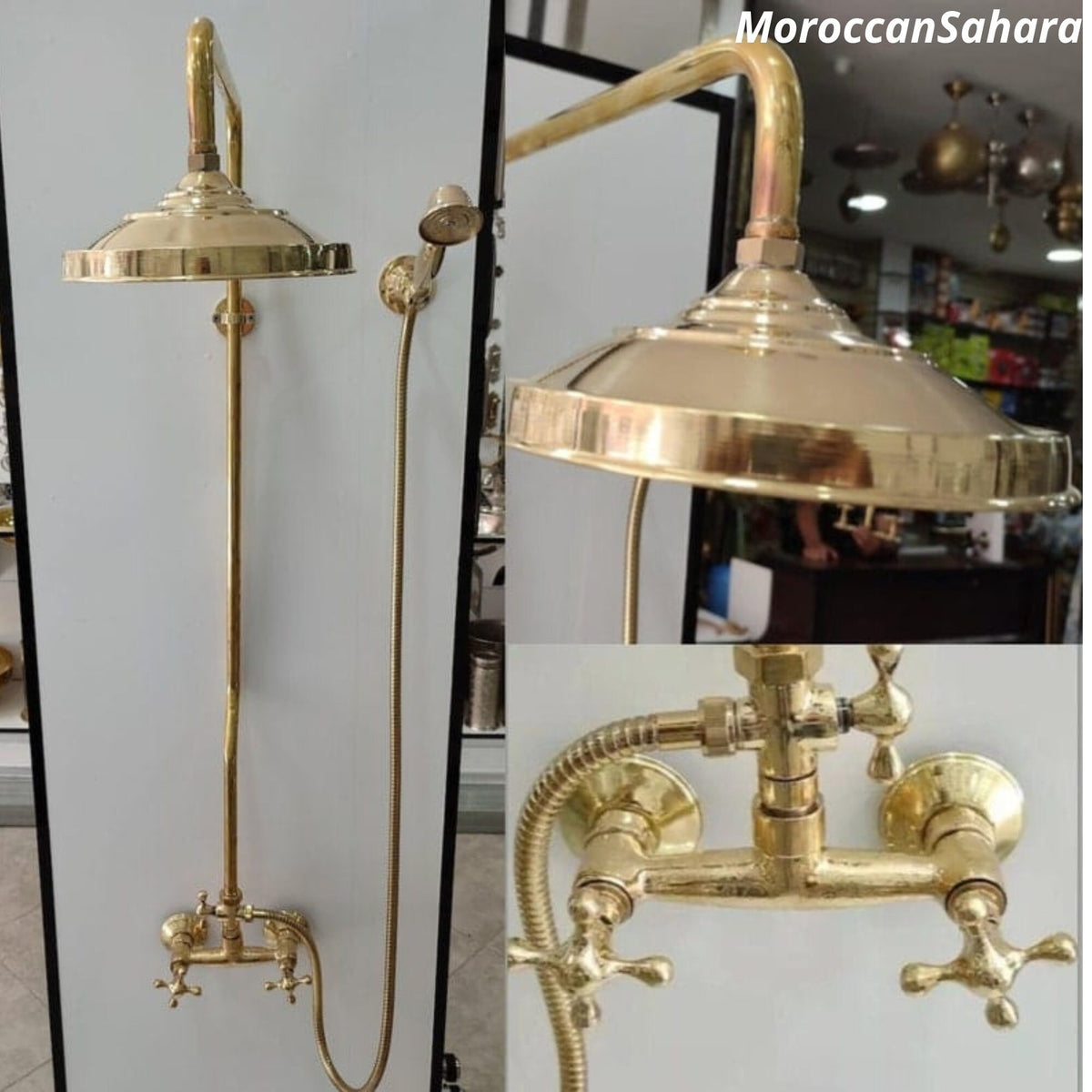 Unlacquered Solid Brass Shower System: Exposed Pipe, Handheld Shower