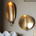 Set of 2: Moroccan Brass Gold Leaf Wall Sconce - Round & Oval