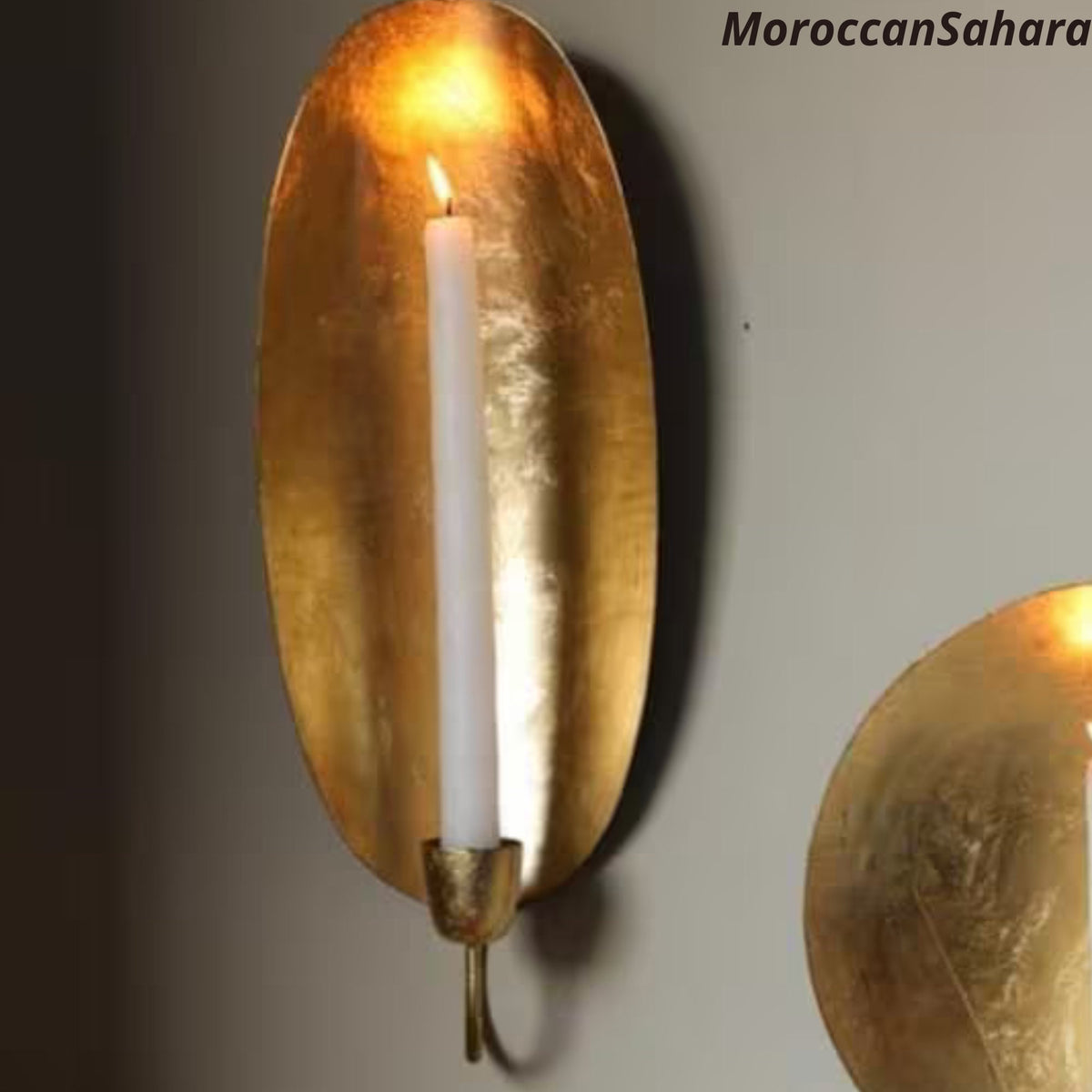SET of 2 Moroccan Oval brass Gold Leaf Candlestick Holder Wall Sconce