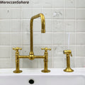 Handcrafted Unlacquered Brass Kitchen Bridge Faucet with Sprayer