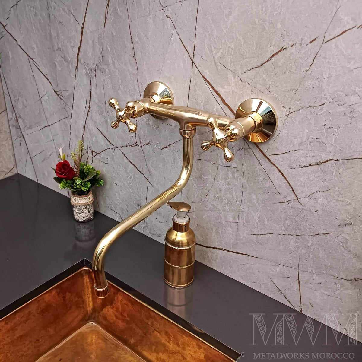 Solid Brass Wall Mounted Kitchen Faucet - Rustic Handmade Sink Faucet